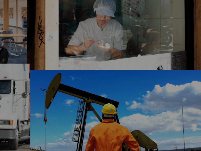 A collage of a construction worker, woman packing meat, a truck.