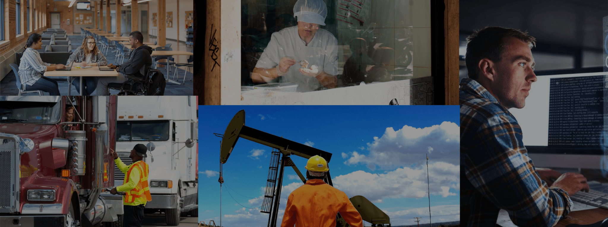 A collage of a construction worker, woman packing meat, a truck.