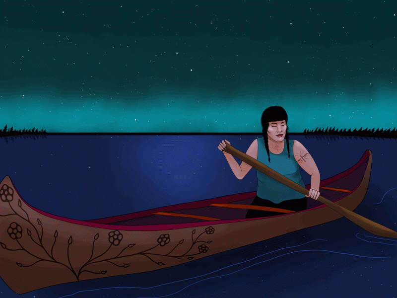 Land Acknowledgement Animation of an indigenous woman in a canoe at night.
