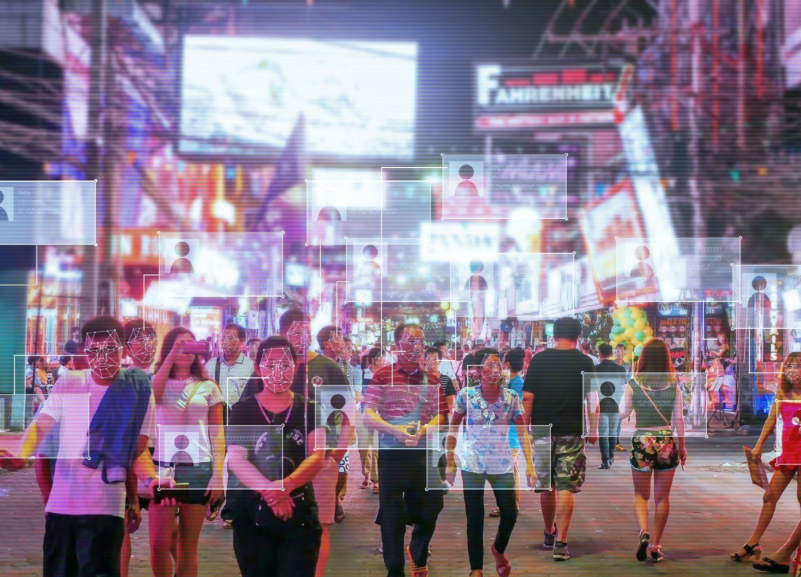 a city at night with a big crowd of people walking around and their faces being scanned.