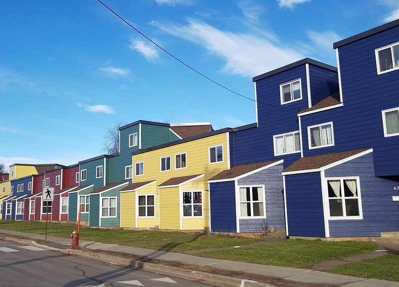 New Brunswick suburb street full of colourful houses.
