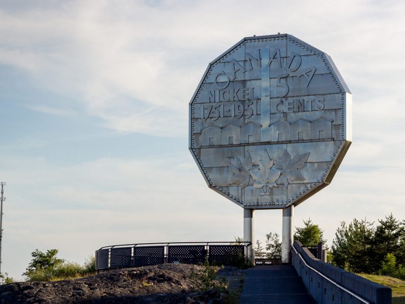 An image of The Big Nickel, a nine-metre (30 ft) replica of a 1951 Canadian nickel, located at the grounds of the Dynamic Earth science museum in Sudbury, Ontario.