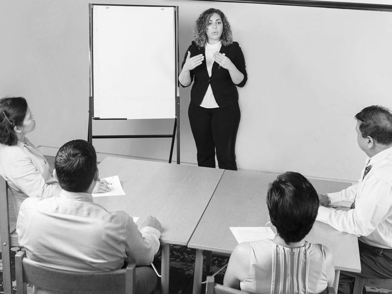 Person giving a whiteboard presentation to a group