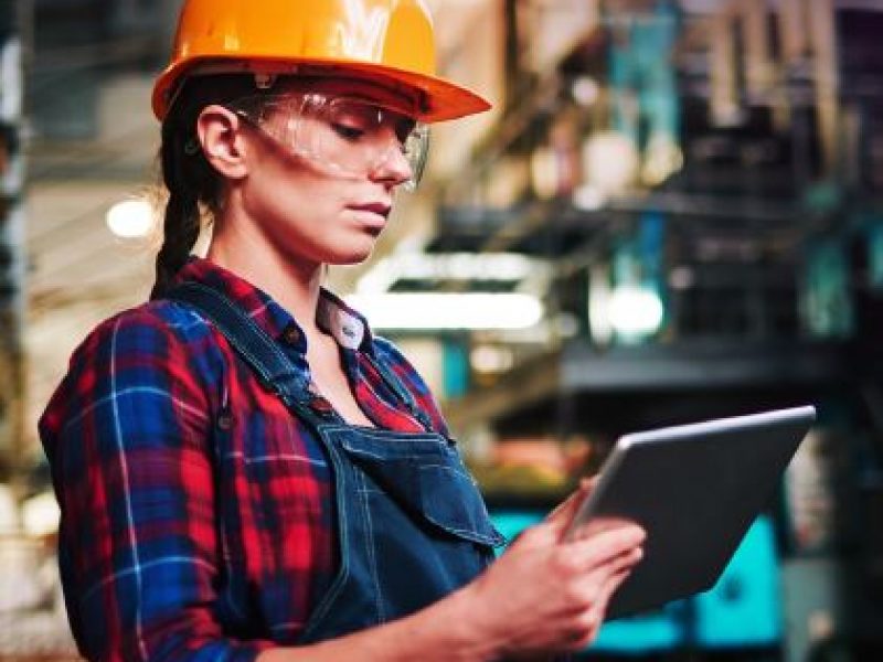 Construction worker in safety goggles