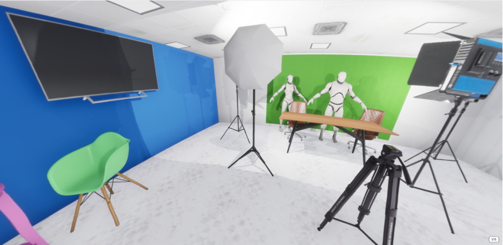 A classroom with XR and virtual reality equipment.
