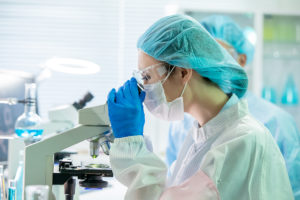 Scientists look through microscope.