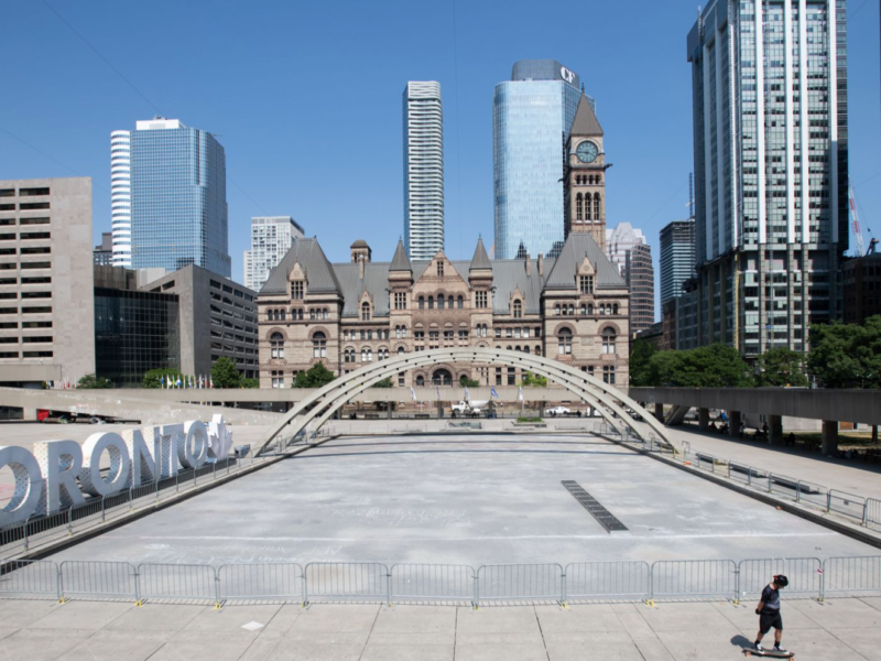 Globe and Mail photo of empty Nathan Phillips Square in To