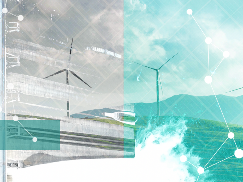 sustainability image with windmill and hydroelectric dam