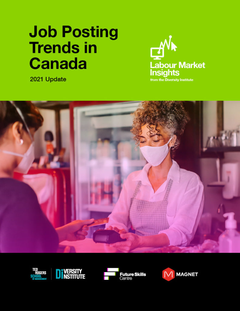 Report title page with text "Job posting trends in Canada" showing a business owner with a mask on assisting a customer with payment