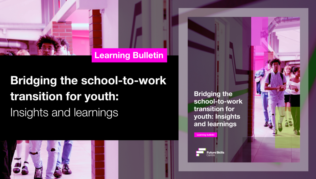 Learning bulletin cover image with students walking down a hallway and the title "bridging the school-to-work transition for youth: insights and learnings"