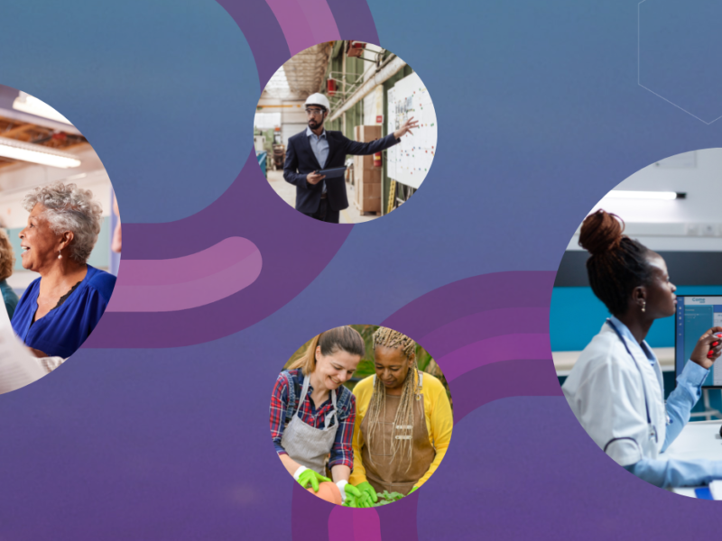 Header with four bubbles of people working on a blue and purple background
