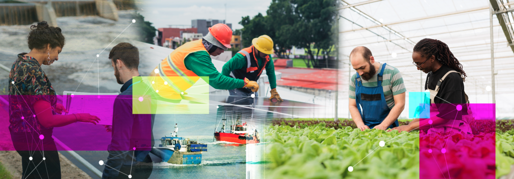 A collage of two engineers assessting a river dam, boats on water, two workers working on a solar panel, and two workers looking at vegetables in greenhouse.