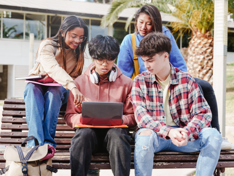 University student friends working together on campus.