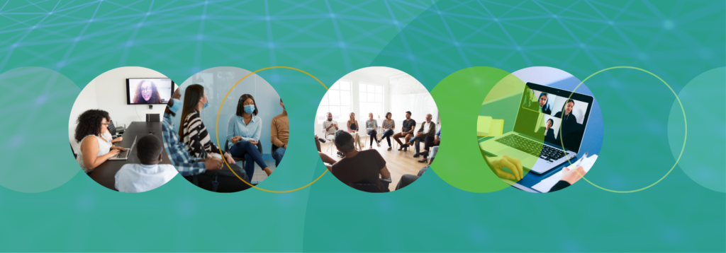 a header image of various stock photos of people connecting in person and virtually, including in a discussion circle, talking in person and having a meeting using a technology like Zoom