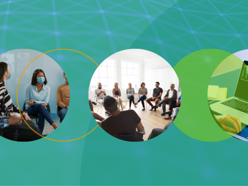 a header image of various stock photos of people connecting in person and virtually, including in a discussion circle, talking in person and having a meeting using a technology like Zoom