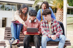 University student friends working together in the college campus.