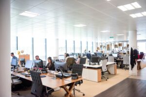 people work on computers in an open-plan office