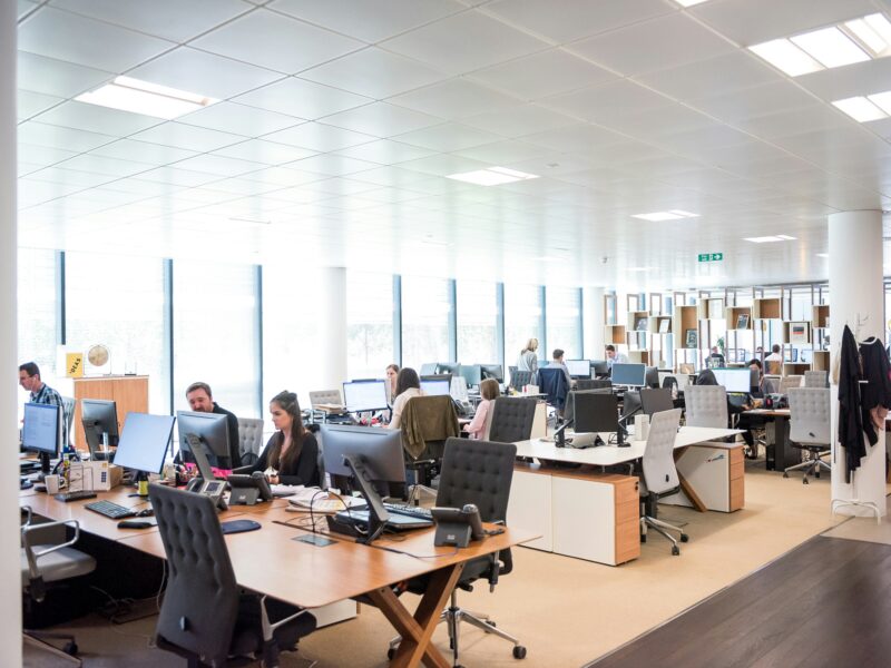people work on computers in an open-plan office