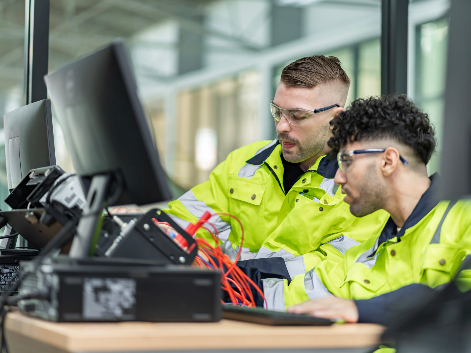 Two electrical engineers working with technology