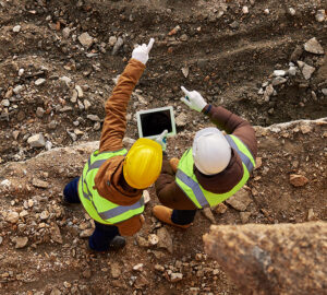 Two workers in hard hats using a tablet