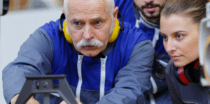 two workers in a technical environment look at a piece of machinery