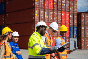 five workers walk in front of shipping containers at a port