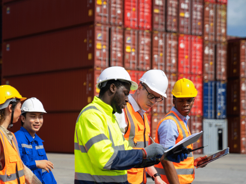 five workers walk in front of shipping containers at a port