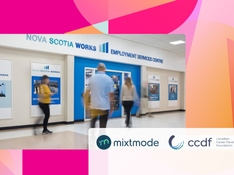 header image with people milling about the foyer of nova scotia works employment service centre