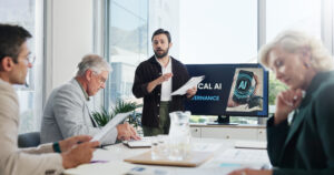 Businessman in office with team discussing AI