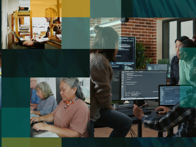 Header image with design depicting AI and technology use in the workplace