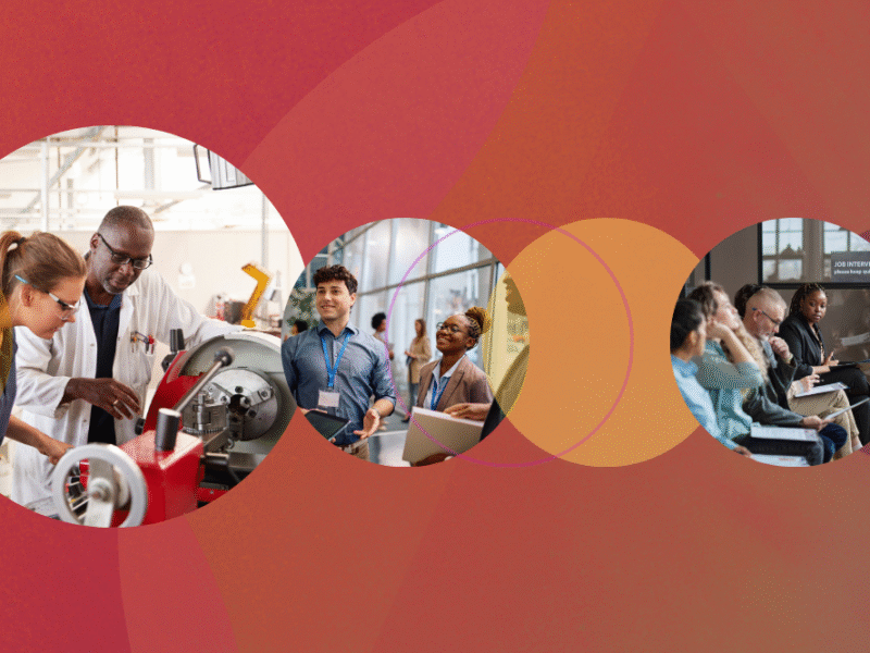 Header image with pictures of diverse people holding resumes, new immigrants in the workplace in Canada