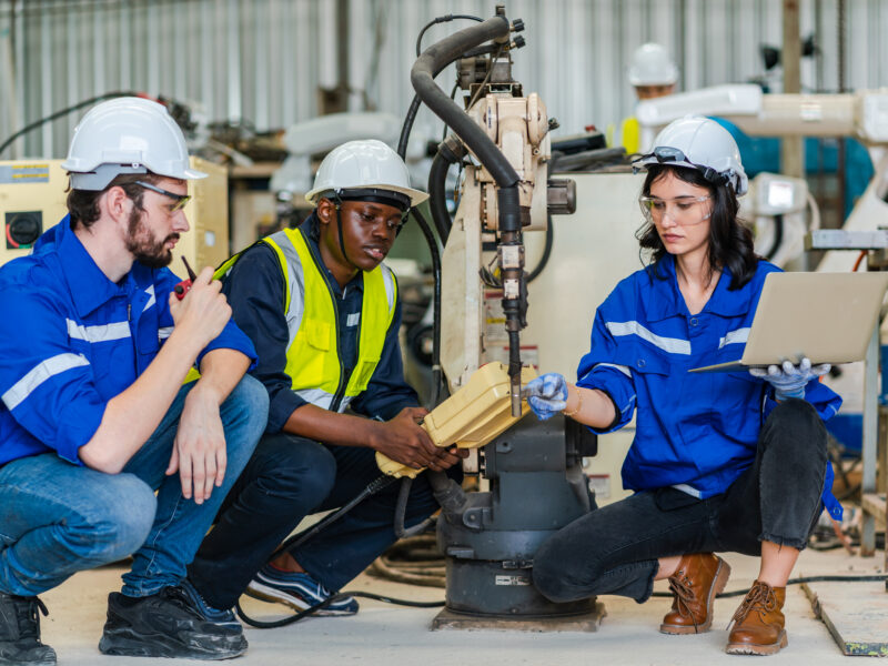 Group of various national engineer professional successful team corporate workers standing in factory, teamwork technician inspector of manufacturing industry workplace, foreman occupation job