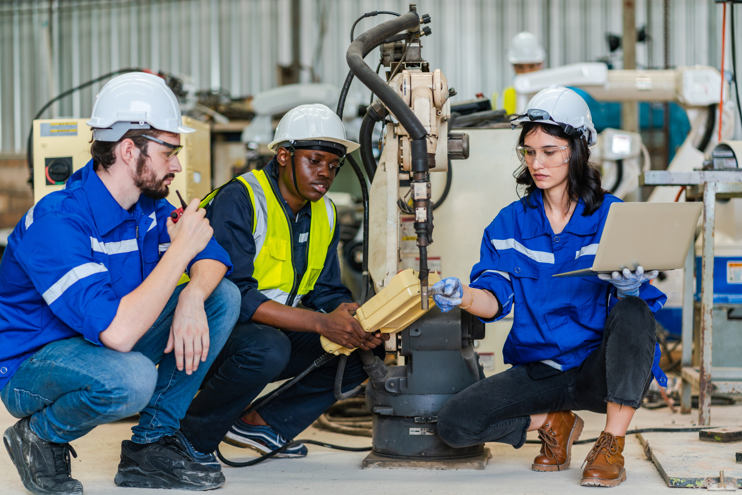 Group of various national engineer professional successful team corporate workers standing in factory, teamwork technician inspector of manufacturing industry workplace, foreman occupation job
