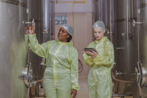Workers working in modern large winery factory