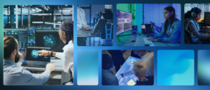 People at work with blue background