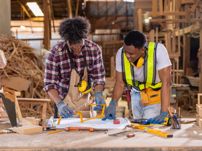 Two carpenters reviewing woodwork design plans